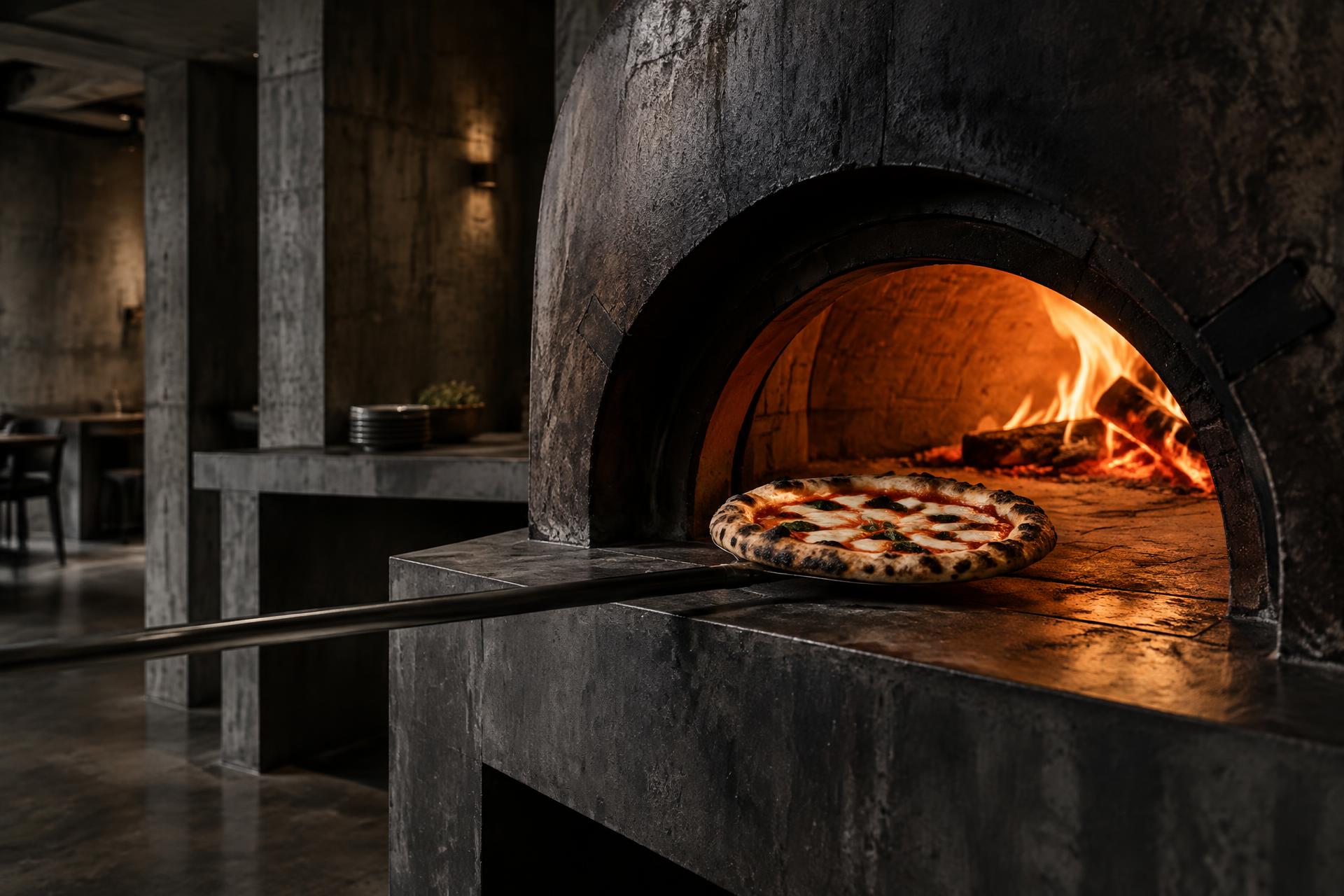 A Neapolitan pizza at the mouth of a wood-fired oven